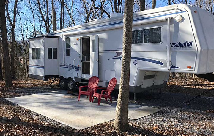 Temporary patio floor in front of RV