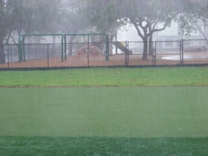 heavy rain falling on artificial turf soccer field