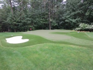artificial turf golf course with sand bunker near woods