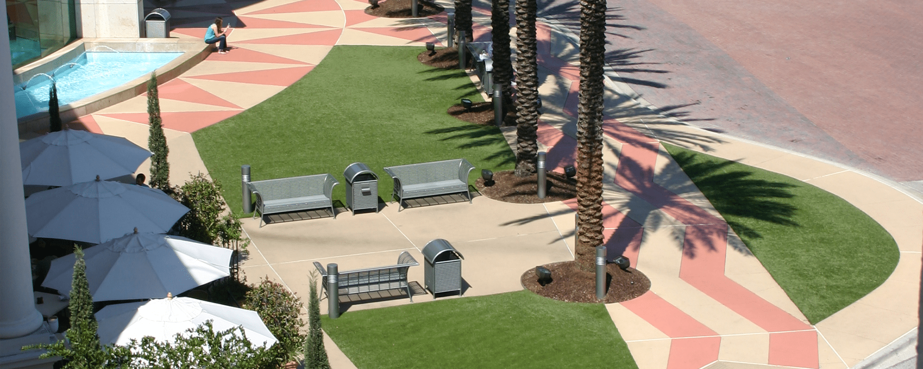 aerial view of artificial grass lawn installation outside of orlando mall