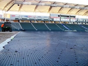 close up view of ultrabasesystems panels on football field turf installation