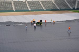 full view of connected and loose base panels for football field installation